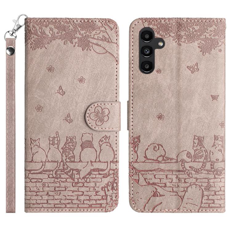 

For Samsung Galaxy S25 FE 5G Cat Embossing Pattern Leather Phone Case with Lanyard(Grey)