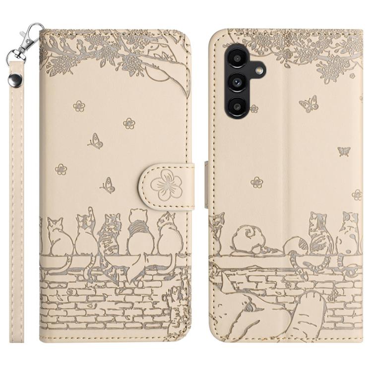 

For Samsung Galaxy S25 FE 5G Cat Embossing Pattern Leather Phone Case with Lanyard(Beige)