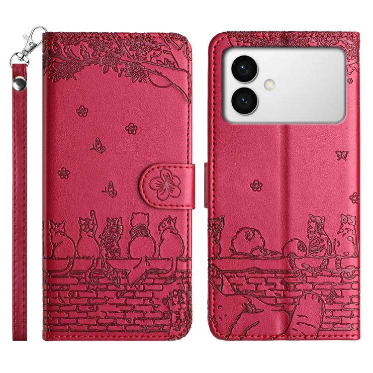 

For Samsung Galaxy S26 Edge 5G Cat Embossing Pattern Leather Phone Case with Lanyard(Red)