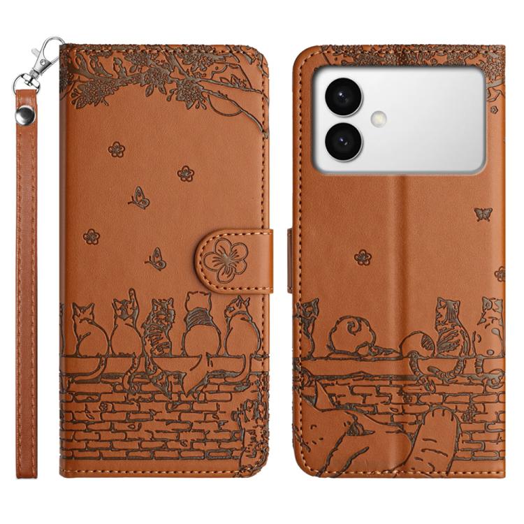 

For Samsung Galaxy S26 Edge 5G Cat Embossing Pattern Leather Phone Case with Lanyard(Brown)