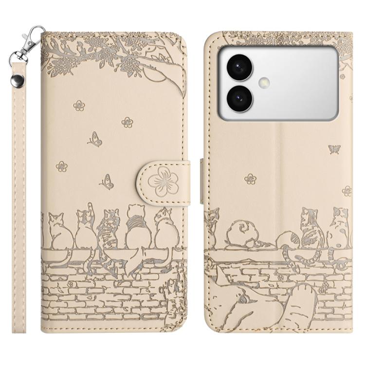 

For Samsung Galaxy S26 Edge 5G Cat Embossing Pattern Leather Phone Case with Lanyard(Beige)