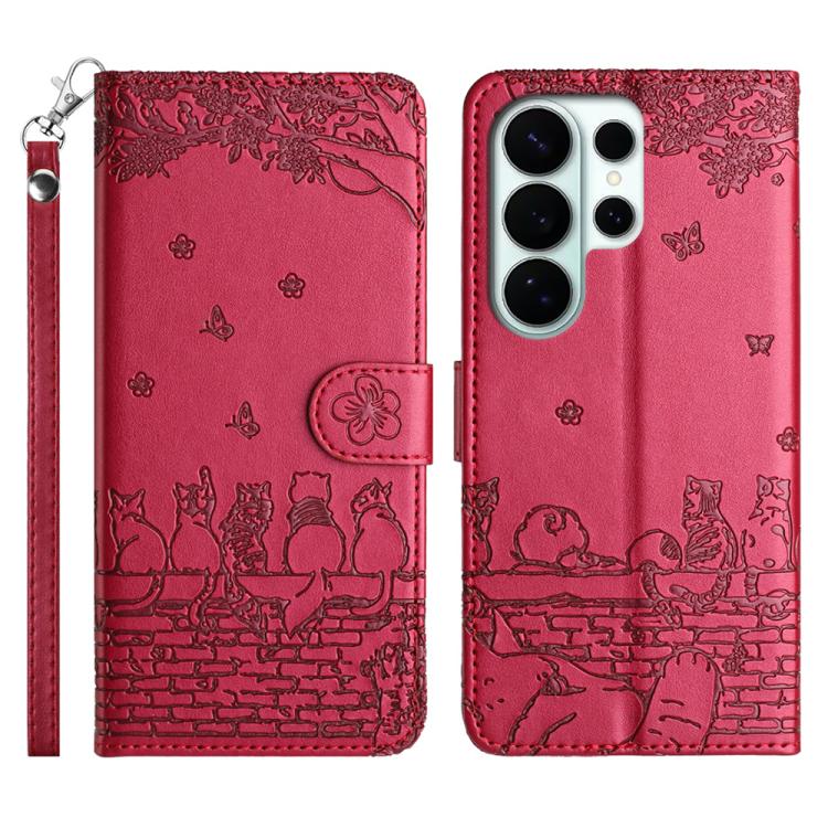 

For Samsung Galaxy S26 Ultra 5G Cat Embossing Pattern Leather Phone Case with Lanyard(Red)