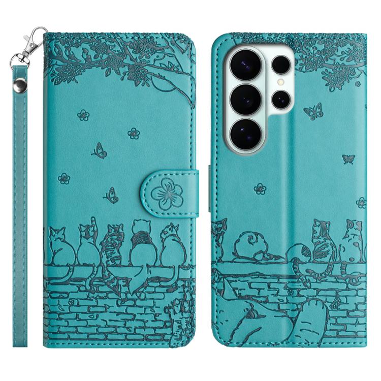 

For Samsung Galaxy S26 Ultra 5G Cat Embossing Pattern Leather Phone Case with Lanyard(Blue)