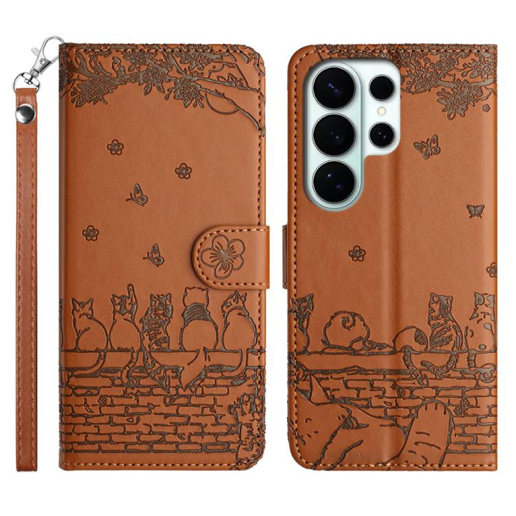

For Samsung Galaxy S26 Ultra 5G Cat Embossing Pattern Leather Phone Case with Lanyard(Brown)
