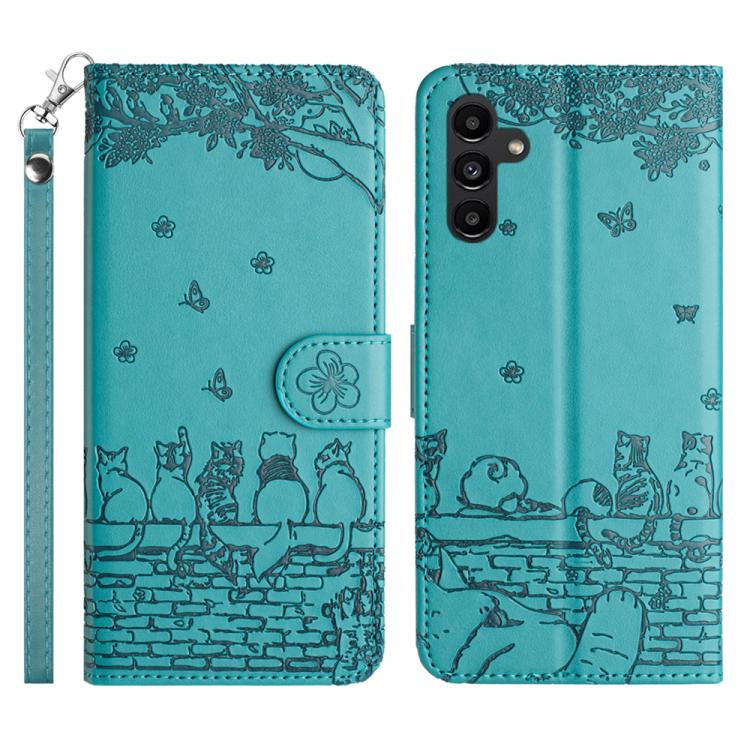 

For Samsung Galaxy S26 5G Cat Embossing Pattern Leather Phone Case with Lanyard(Blue)