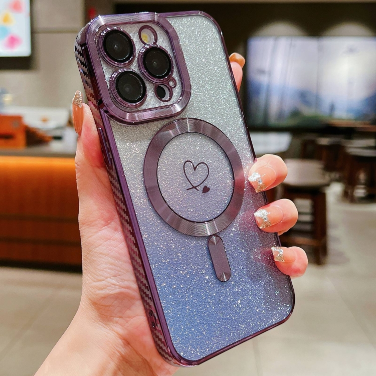 

For iPhone 15 Pro Loves Gradient Glitter Carbon Fiber Magsafe TPU Phone Case(Purple)