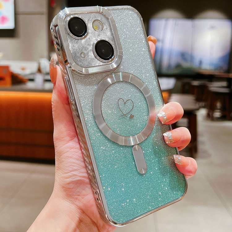 

For iPhone 15 Plus Loves Gradient Glitter Carbon Fiber Magsafe TPU Phone Case(Green Silver)