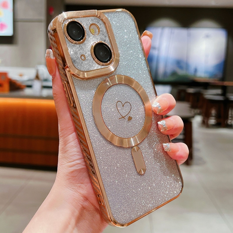 

For iPhone 15 Loves Gradient Glitter Carbon Fiber Magsafe TPU Phone Case(Gold)