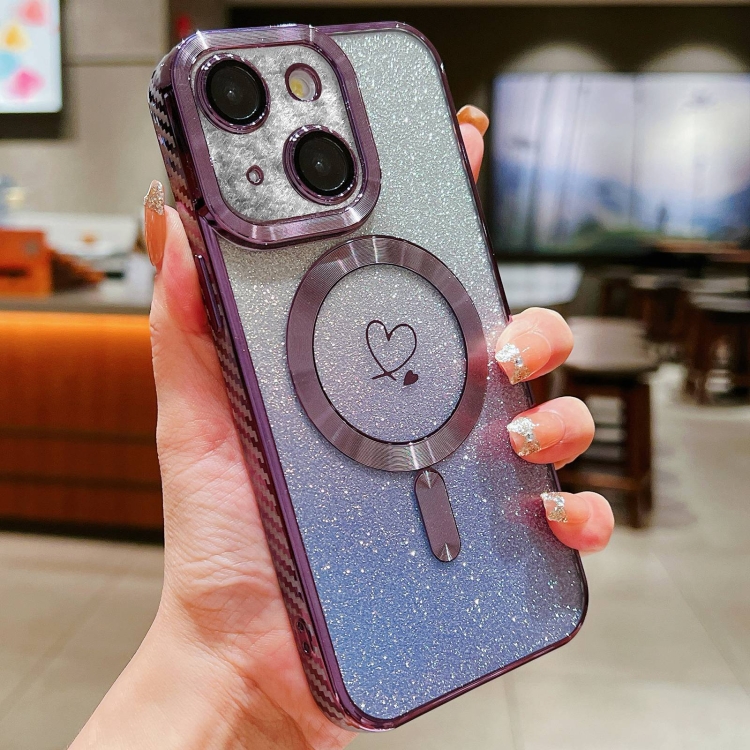 

For iPhone 14 Loves Gradient Glitter Carbon Fiber Magsafe TPU Phone Case(Purple)