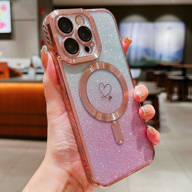 

For iPhone 14 Pro Max Loves Gradient Glitter Carbon Fiber Magsafe TPU Phone Case(Pink)