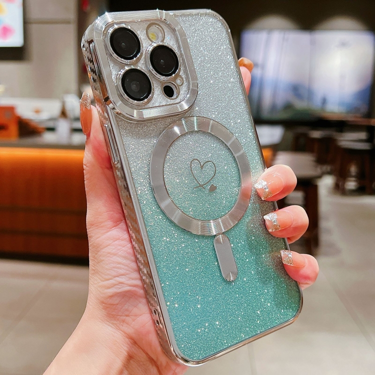 

For iPhone 13 Pro Loves Gradient Glitter Carbon Fiber Magsafe TPU Phone Case(Green Silver)