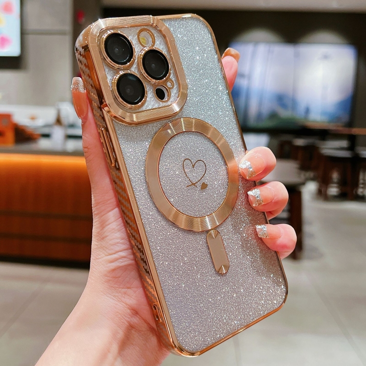 

For iPhone 12 Pro Max Loves Gradient Glitter Carbon Fiber Magsafe TPU Phone Case(Gold)