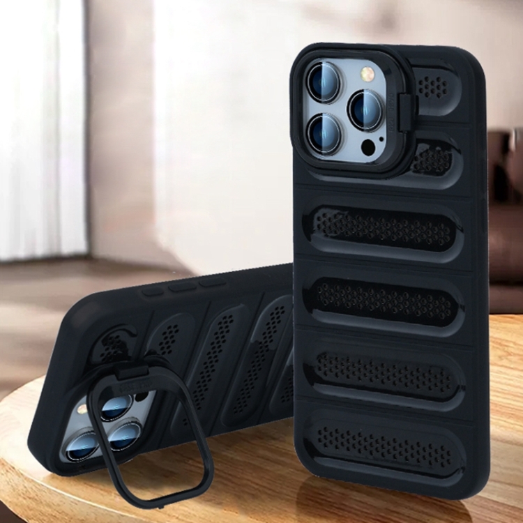 

For iPhone 12 Pro Max Invisible Holder Cooling Phone Case(Transparent Black)