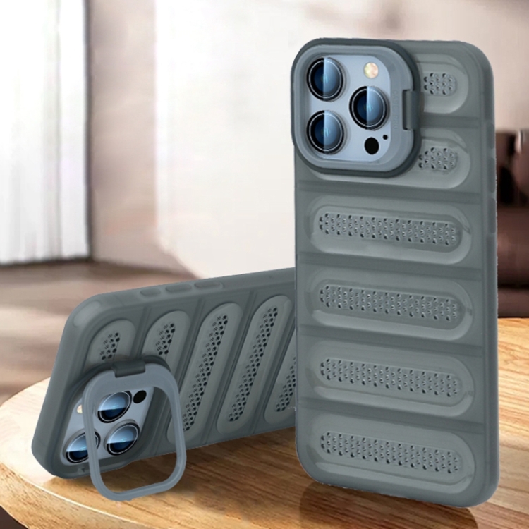 

For iPhone 14 Pro Invisible Holder Cooling Phone Case(Transparent Grey)