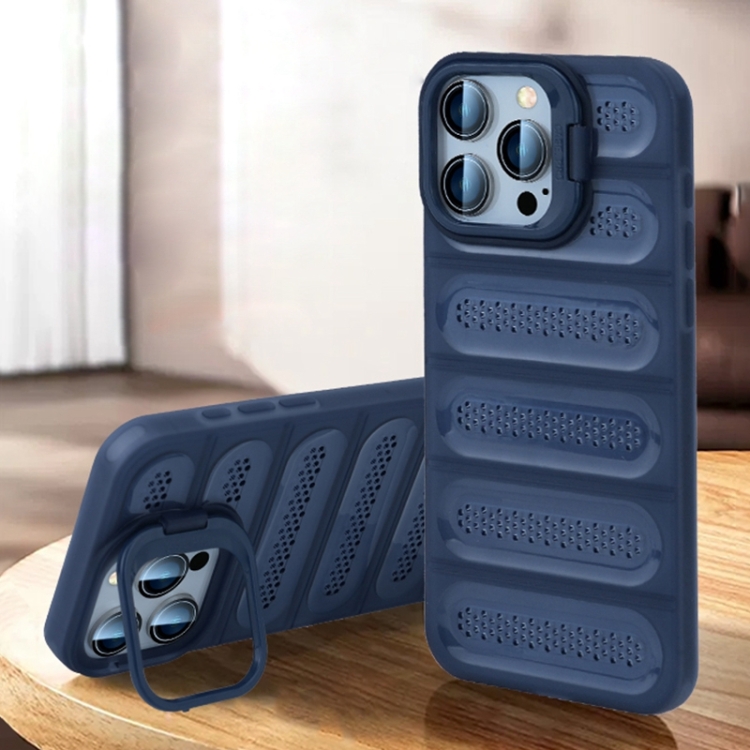 

For iPhone 15 Pro Invisible Holder Cooling Phone Case(Transparent Blue)
