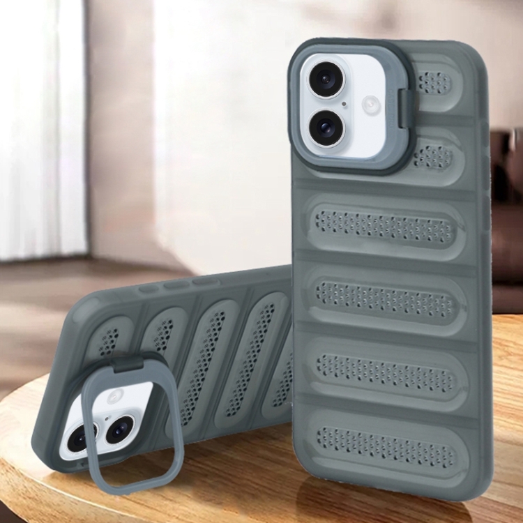 

For iPhone 16 Plus Invisible Holder Cooling Phone Case(Transparent Grey)