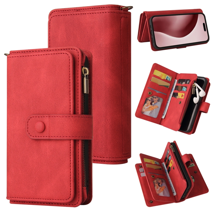 

For iPhone 16 Pro Skin Feel Multi Card Slots Zipper Wallet Leather Phone Case(Red)