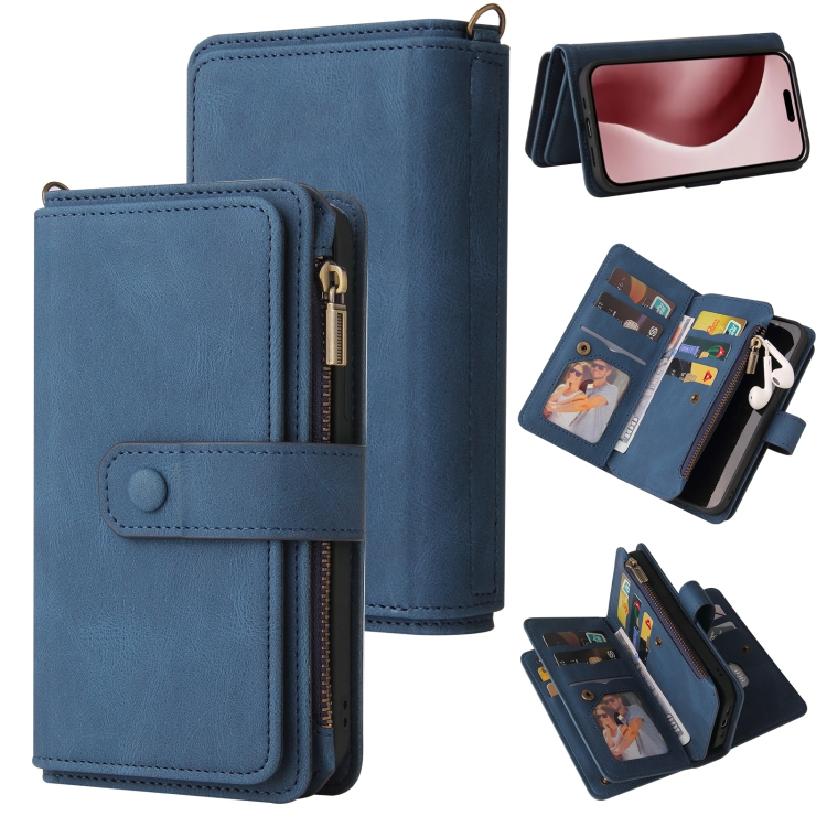 

For iPhone 16 Pro Skin Feel Multi Card Slots Zipper Wallet Leather Phone Case(Blue)