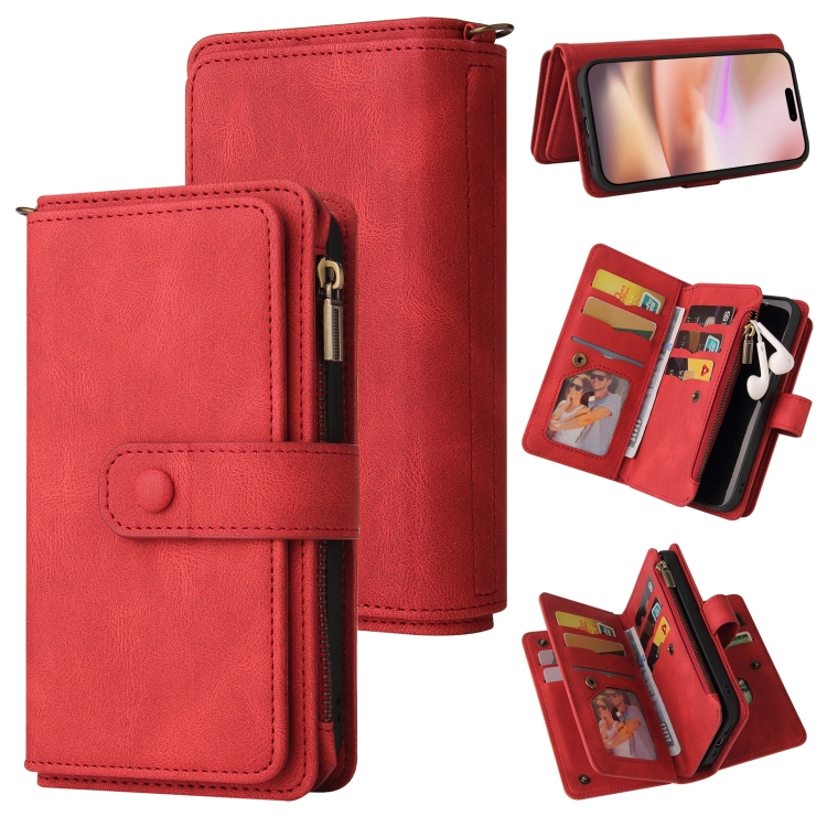 

For iPhone 16 Plus Skin Feel Multi Card Slots Zipper Wallet Leather Phone Case(Red)