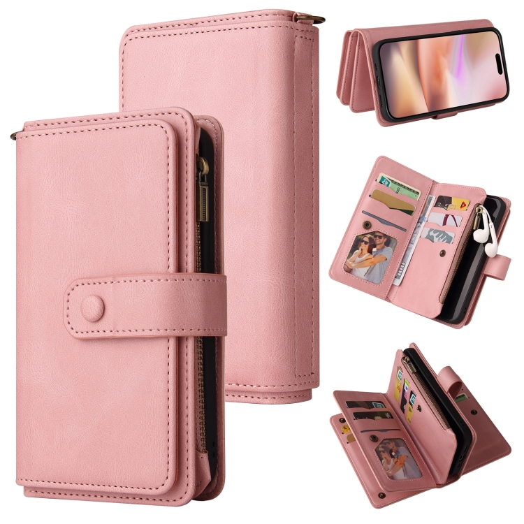 

For iPhone 16 Plus Skin Feel Multi Card Slots Zipper Wallet Leather Phone Case(Pink)