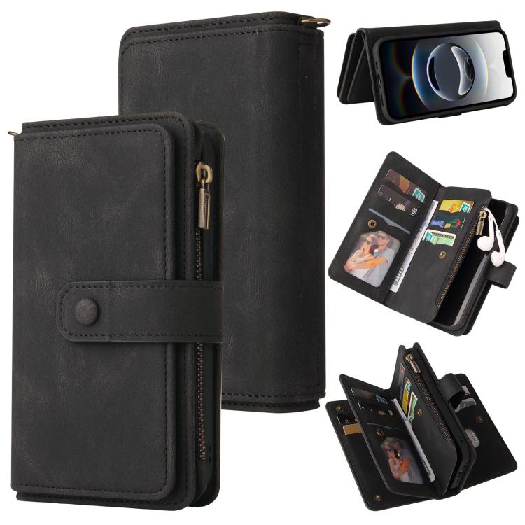 

For iPhone 16e Skin Feel Multi Card Slots Zipper Wallet Leather Phone Case(Black)