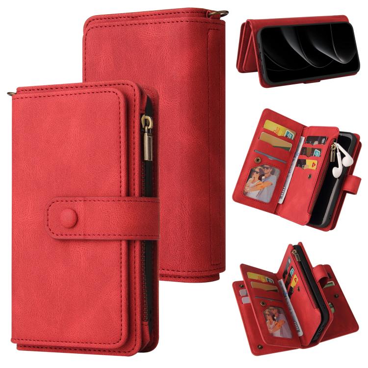 

For iPhone 17 Pro Max Skin Feel Multi Card Slots Zipper Wallet Leather Phone Case(Red)