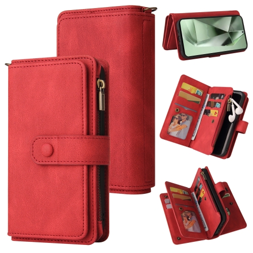 

For Samsung Galaxy S24 FE 5G Skin Feel Multi Card Slots Zipper Wallet Leather Phone Case(Red)