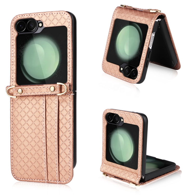 

For Samsung Galaxy Z Flip6 Crossbody Diamond Lattice Folding Phone Case(Rose Gold)