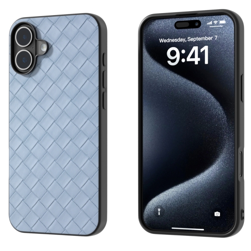 

For iPhone 16 Black Frame Woven Texture PU Phone Case(Light Blue)