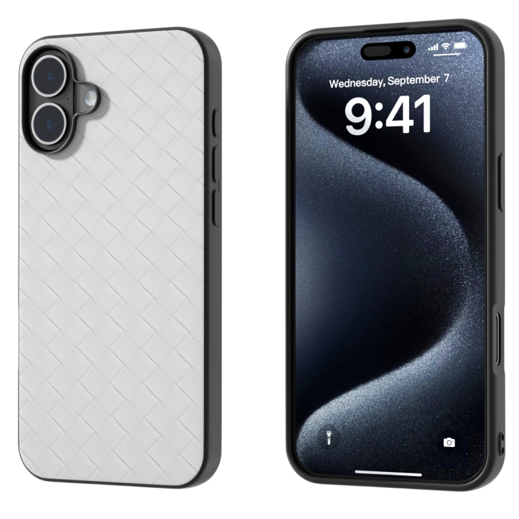 

For iPhone 16 Plus Black Frame Woven Texture PU Phone Case(White)