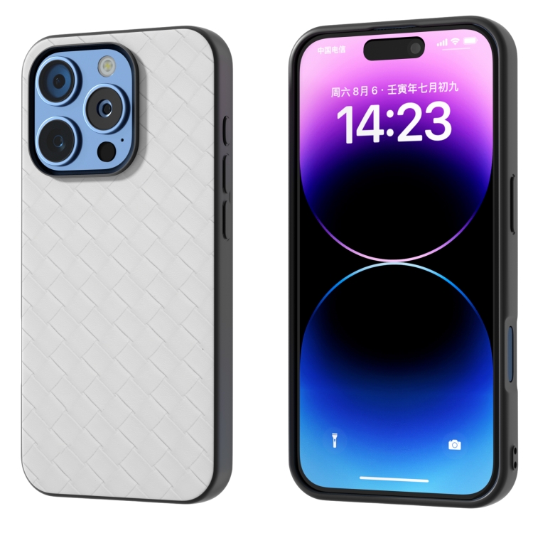 Pour iPhone 16 Pro Coque de téléphone en PU à texture tissée avec cadre noir (blanc)