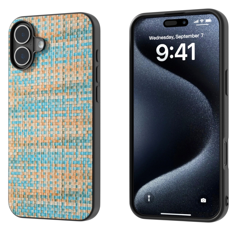 

For iPhone 16 Black Frame Color Lattice Texture PU Phone Case(Blue)