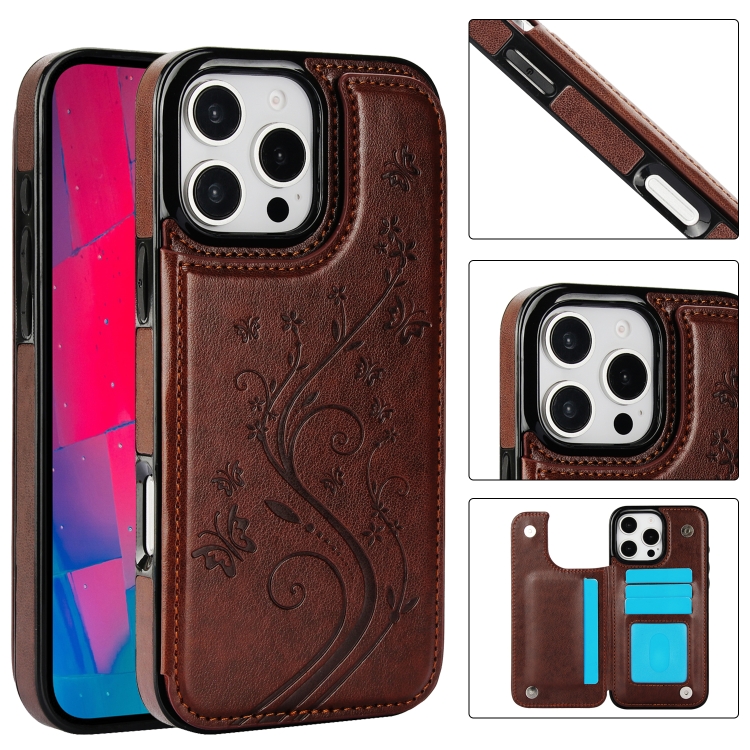

For iPhone 16 Pro Double Buckle Butterfly Embossing PU Phone Case(Brown)