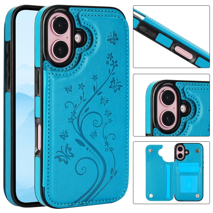

For iPhone 16 Double Buckle Butterfly Embossing PU Phone Case(Blue)