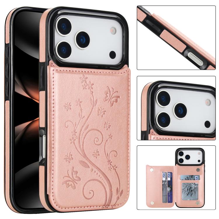 

For iPhone 17 Pro Double Buckle Butterfly Embossing PU Phone Case(Rose Gold)