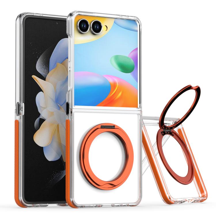 

For Samsung Galaxy Z Flip7 5G Dual-Color Clear Acrylic Hybrid TPU 360 Rotating Holder Phone Case(Orange)