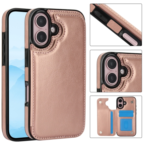 

For iPhone 16 Plus Double Buckle Crazy Horse Texture PU Phone Case(Rose Gold)