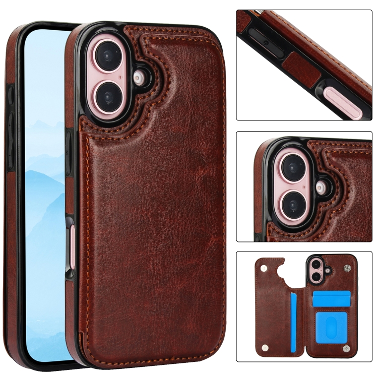 

For iPhone 16 Plus Double Buckle Crazy Horse Texture PU Phone Case(Brown)