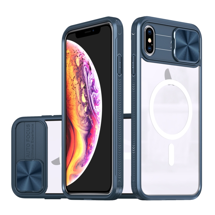 

For iPhone XS Max Clear Acrylic + PC + TPU MagSafe Lens Sliding Cover Full Coverage Phone Case(Navy Blue)