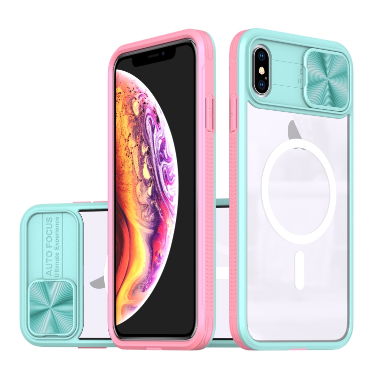 

For iPhone XS Max Clear Acrylic + PC + TPU MagSafe Lens Sliding Cover Full Coverage Phone Case(Blue+Pink)