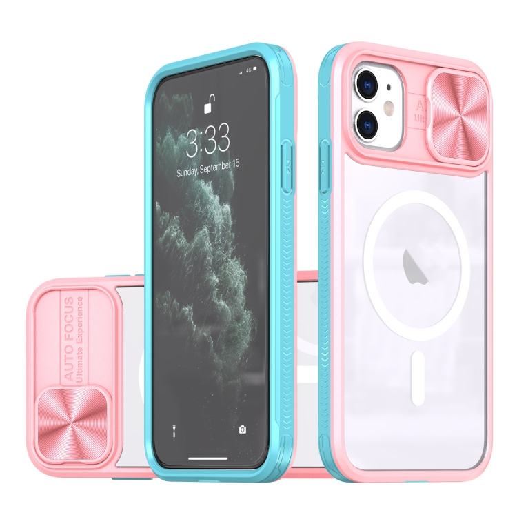 

For iPhone 12 Clear Acrylic + PC + TPU MagSafe Lens Sliding Cover Full Coverage Phone Case(Pink+Cyan)