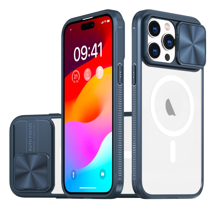 

For iPhone 12 Pro Max Clear Acrylic + PC + TPU MagSafe Lens Sliding Cover Full Coverage Phone Case(Navy Blue)