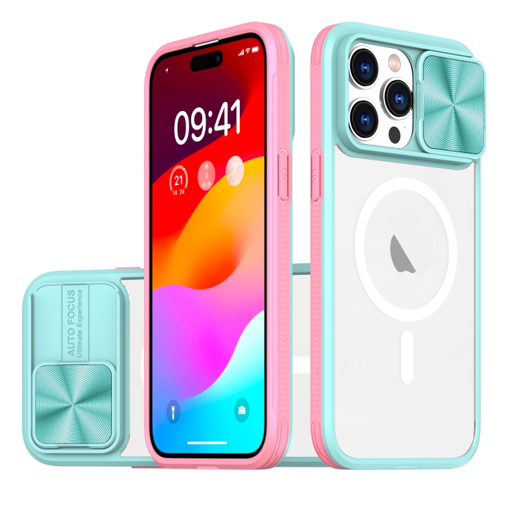 

For iPhone 12 Pro Max Clear Acrylic + PC + TPU MagSafe Lens Sliding Cover Full Coverage Phone Case(Blue+Pink)