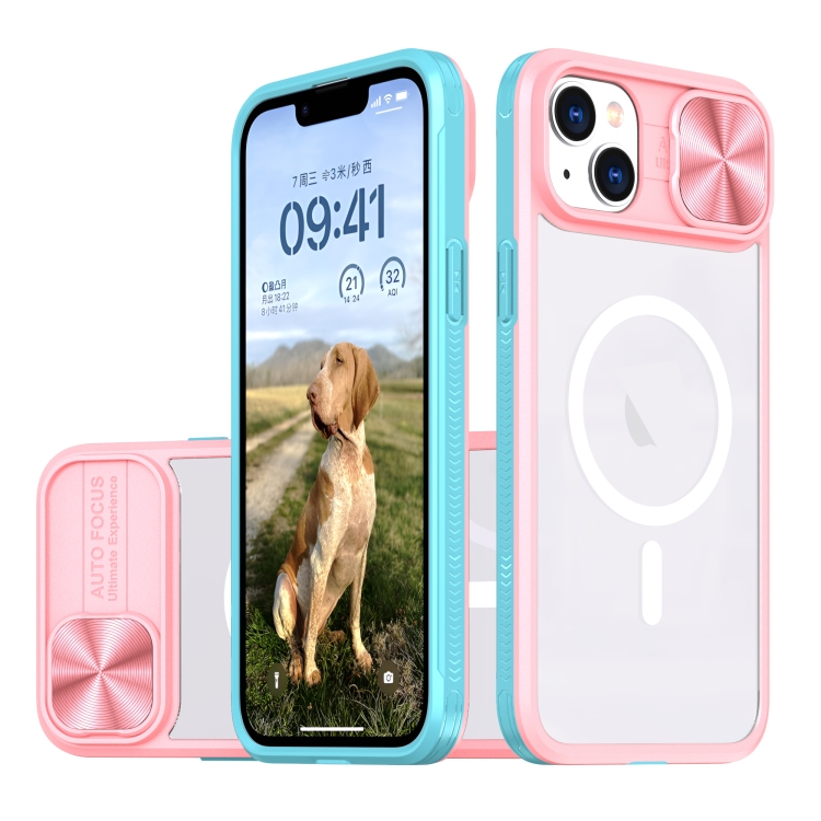 

For iPhone 14 / 13 Clear Acrylic + PC + TPU MagSafe Lens Sliding Cover Full Coverage Phone Case(Pink+Cyan)