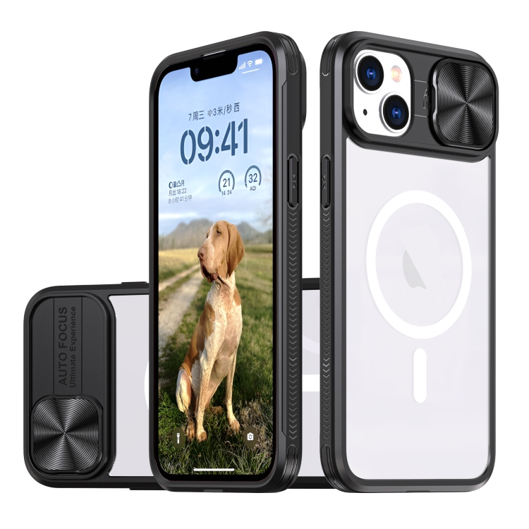

For iPhone 14 / 13 Clear Acrylic + PC + TPU MagSafe Lens Sliding Cover Full Coverage Phone Case(Black)