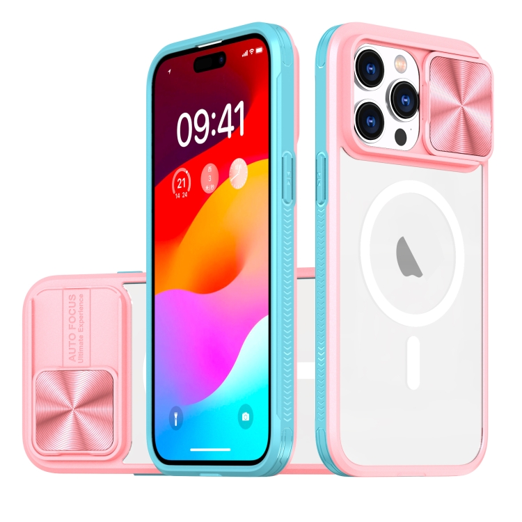 

For iPhone 14 Pro Max Clear Acrylic + PC + TPU MagSafe Lens Sliding Cover Full Coverage Phone Case(Pink+Cyan)