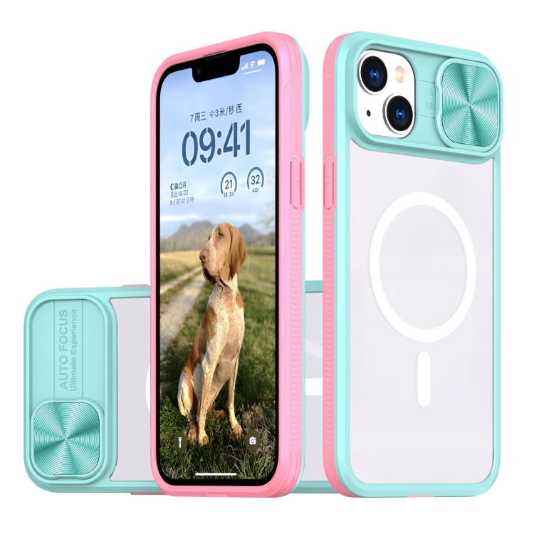 

For iPhone 14 Plus Clear Acrylic + PC + TPU MagSafe Lens Sliding Cover Full Coverage Phone Case(Blue+Pink)