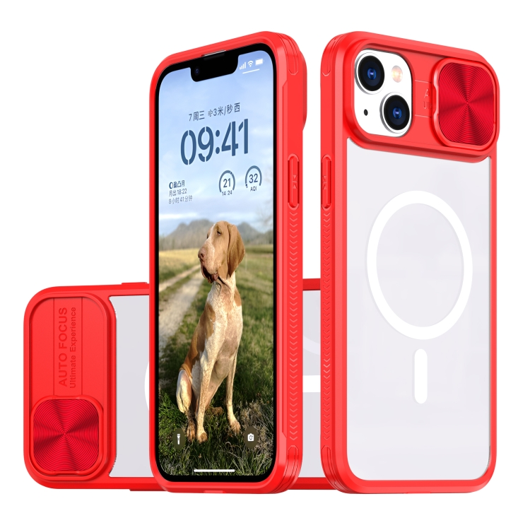

For iPhone 14 Plus Clear Acrylic + PC + TPU MagSafe Lens Sliding Cover Full Coverage Phone Case(The Chinese Red)
