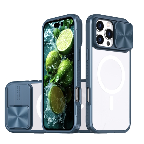 

For iPhone 16 Pro Max Clear Acrylic + PC + TPU MagSafe Lens Sliding Cover Full Coverage Phone Case(Navy Blue)