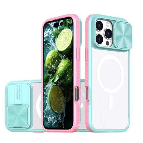 

For iPhone 16 Pro Clear Acrylic + PC + TPU MagSafe Lens Sliding Cover Full Coverage Phone Case(Blue+Pink)